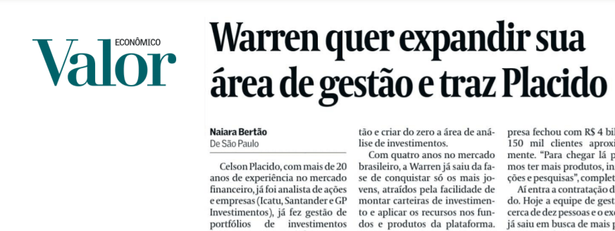 Warren no Valor Econômico